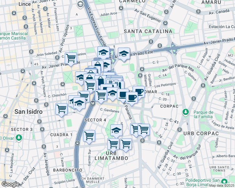 map of restaurants, bars, coffee shops, grocery stores, and more near 144 Avenida Dionisio Derteano in San Isidro