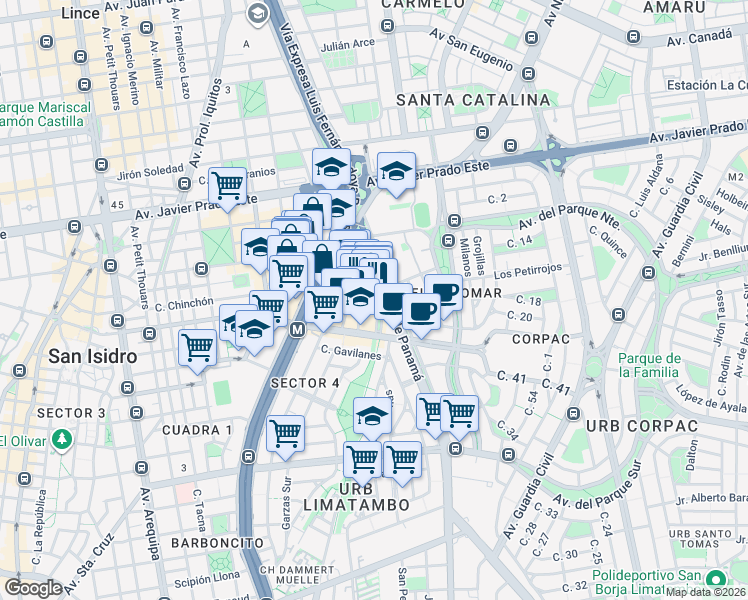 map of restaurants, bars, coffee shops, grocery stores, and more near 144 Avenida Dionisio Derteano in San Isidro