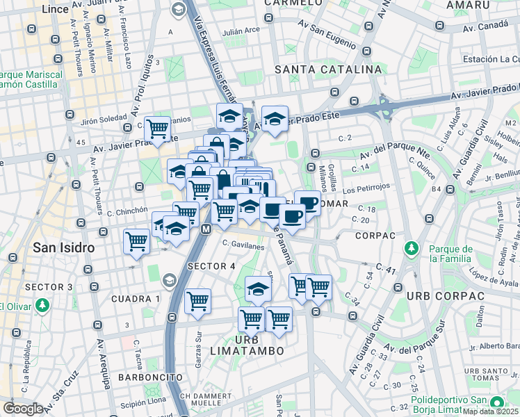 map of restaurants, bars, coffee shops, grocery stores, and more near 144 Avenida Dionisio Derteano in San Isidro