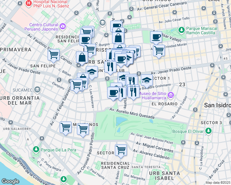 map of restaurants, bars, coffee shops, grocery stores, and more near Avenida Jorge Basadre Grohmann in Lima