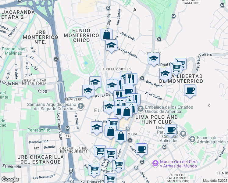map of restaurants, bars, coffee shops, grocery stores, and more near 254 El Derby in Santiago de Surco