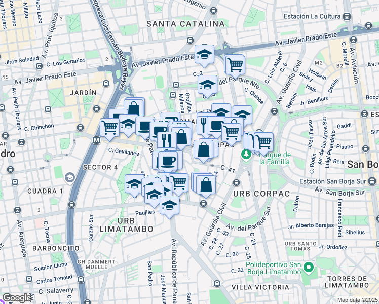 map of restaurants, bars, coffee shops, grocery stores, and more near Avenida Canaval y Moreyra in San Isidro