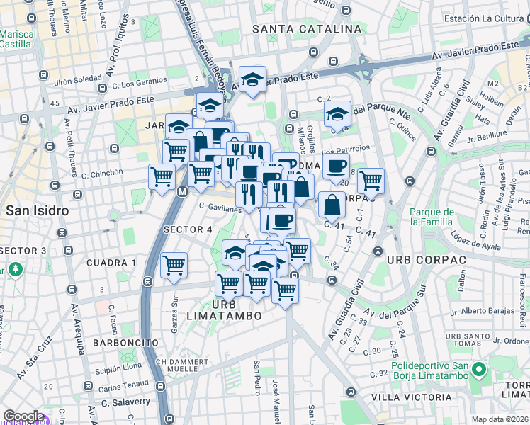 map of restaurants, bars, coffee shops, grocery stores, and more near 3428 Avenida República de Panamá in San Isidro