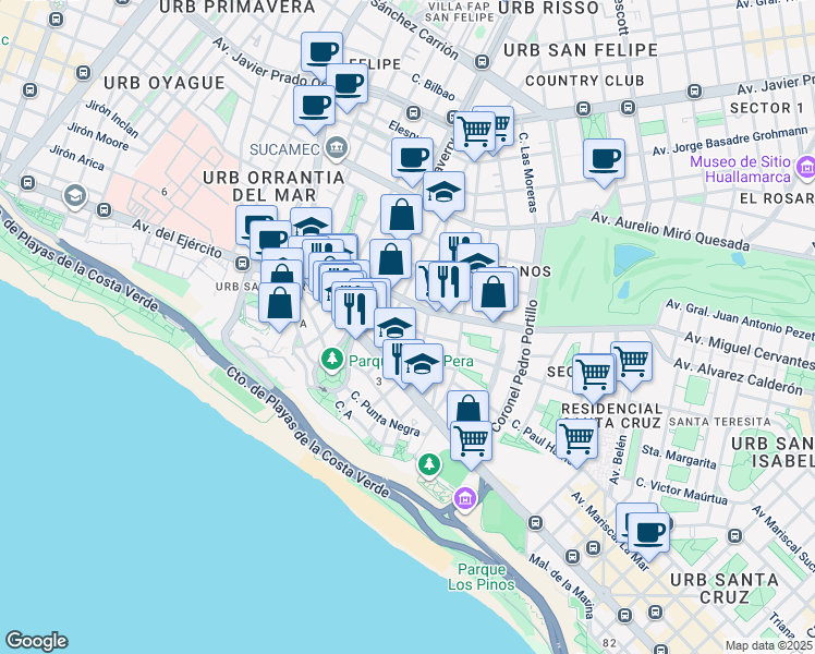 map of restaurants, bars, coffee shops, grocery stores, and more near Calle General La Fuente in San Isidro
