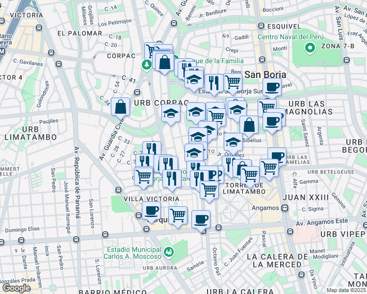 map of restaurants, bars, coffee shops, grocery stores, and more near Jirón Gozzoli Sur in San Borja