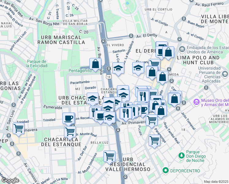 map of restaurants, bars, coffee shops, grocery stores, and more near 595 Jirón Jerónimo de Aliaga in Santiago de Surco