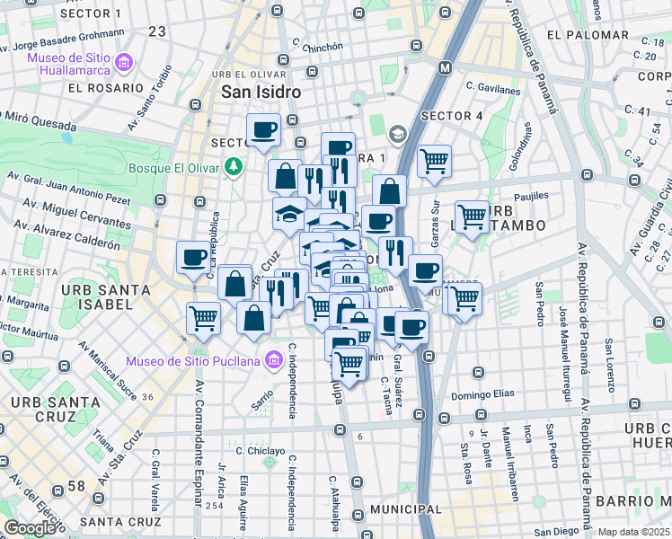 map of restaurants, bars, coffee shops, grocery stores, and more near 169 Sevilla in Lima