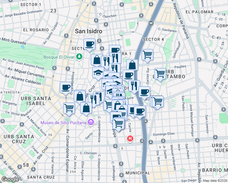 map of restaurants, bars, coffee shops, grocery stores, and more near 169 Sevilla in Lima