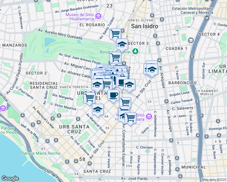 map of restaurants, bars, coffee shops, grocery stores, and more near Felipe Pardo y Aliaga in Lima