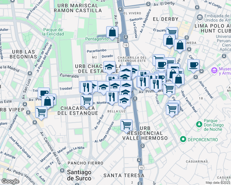map of restaurants, bars, coffee shops, grocery stores, and more near Riva Aguero in Lima