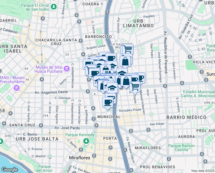 map of restaurants, bars, coffee shops, grocery stores, and more near 739 Calle General Suárez in Miraflores