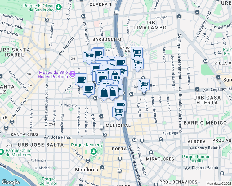 map of restaurants, bars, coffee shops, grocery stores, and more near 739 Calle General Suárez in Miraflores