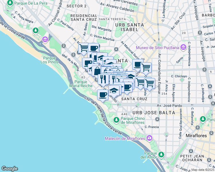 map of restaurants, bars, coffee shops, grocery stores, and more near 255 Calle Manuel Tovar in Miraflores