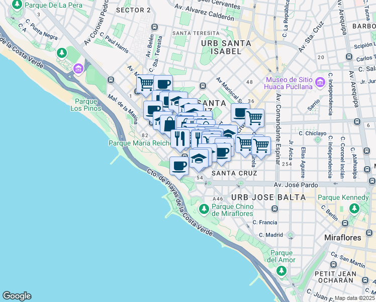 map of restaurants, bars, coffee shops, grocery stores, and more near 255 Calle Manuel Tovar in Miraflores
