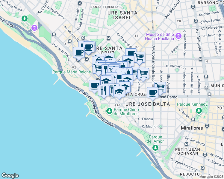 map of restaurants, bars, coffee shops, grocery stores, and more near 1550 Avenida Santa Cruz in Miraflores