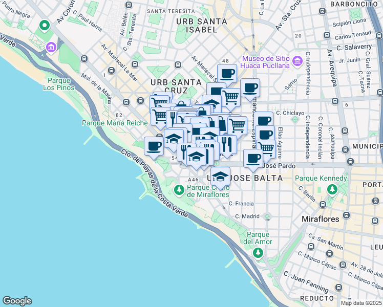 map of restaurants, bars, coffee shops, grocery stores, and more near 1521 Avenida Santa Cruz in Miraflores