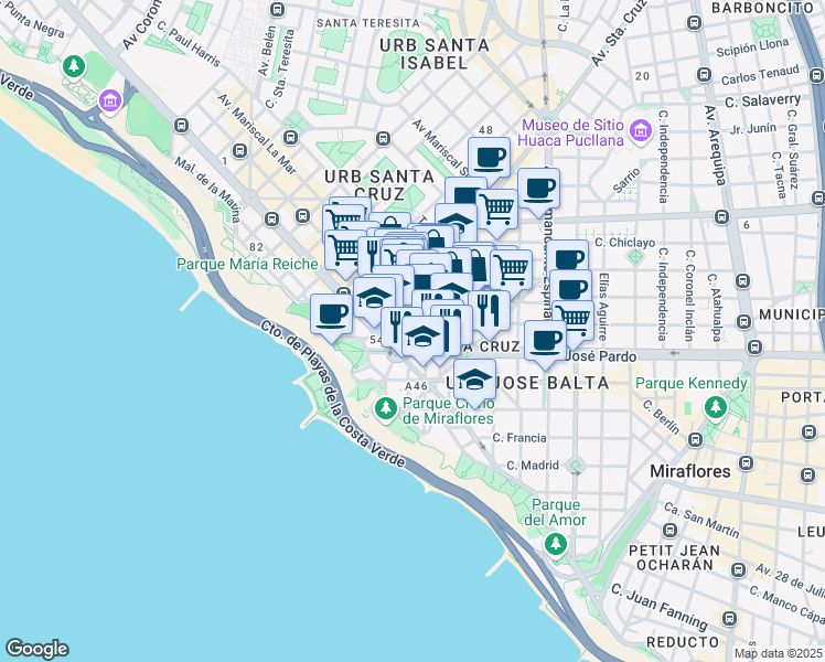 map of restaurants, bars, coffee shops, grocery stores, and more near 1521 Avenida Santa Cruz in Miraflores