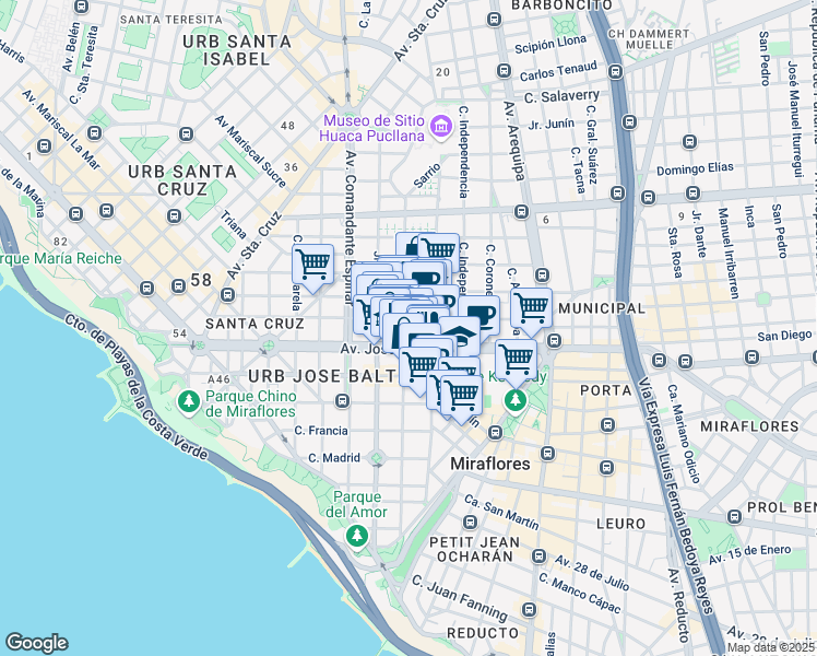 map of restaurants, bars, coffee shops, grocery stores, and more near 166 Elías Aguirre in Lima
