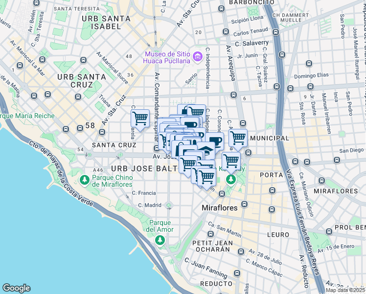 map of restaurants, bars, coffee shops, grocery stores, and more near 166 Elías Aguirre in Lima