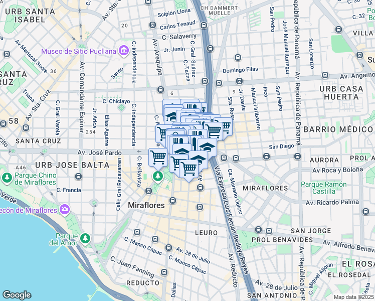 map of restaurants, bars, coffee shops, grocery stores, and more near 251 Avenida Ricardo Palma in Miraflores