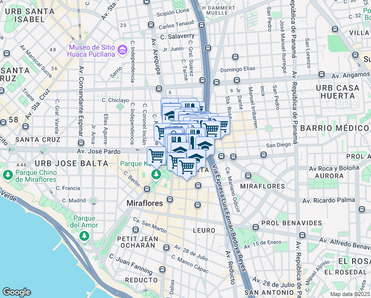 map of restaurants, bars, coffee shops, grocery stores, and more near 251 Avenida Ricardo Palma in Miraflores