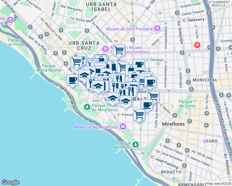 map of restaurants, bars, coffee shops, grocery stores, and more near 1051 Avenida José Pardo in Miraflores