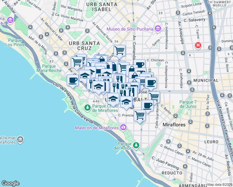 map of restaurants, bars, coffee shops, grocery stores, and more near 1051 Avenida José Pardo in Miraflores