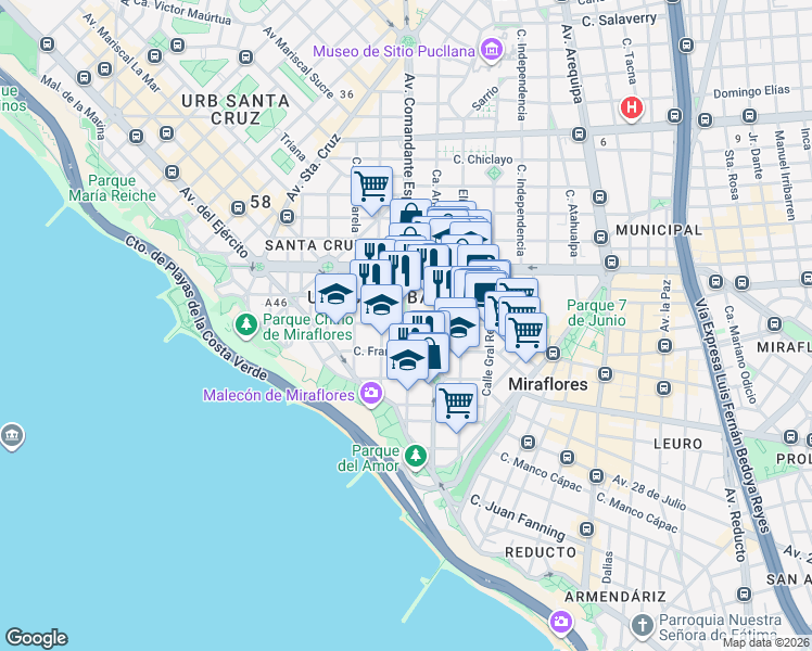 map of restaurants, bars, coffee shops, grocery stores, and more near 300 Jorge Chávez in Miraflores