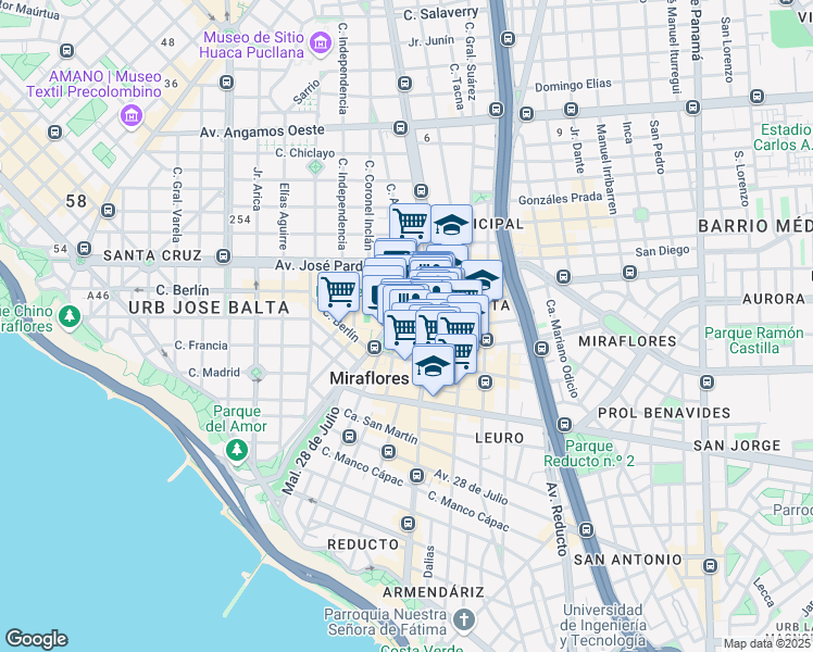 map of restaurants, bars, coffee shops, grocery stores, and more near 329 Calle Lima in Miraflores