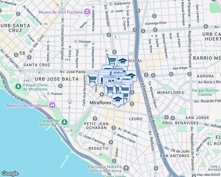 map of restaurants, bars, coffee shops, grocery stores, and more near 329 Calle Lima in Miraflores