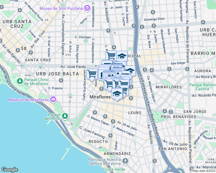 map of restaurants, bars, coffee shops, grocery stores, and more near 6 Calle Lima in Miraflores