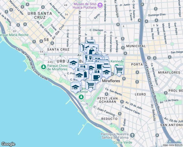 map of restaurants, bars, coffee shops, grocery stores, and more near Avenida Grau in Miraflores