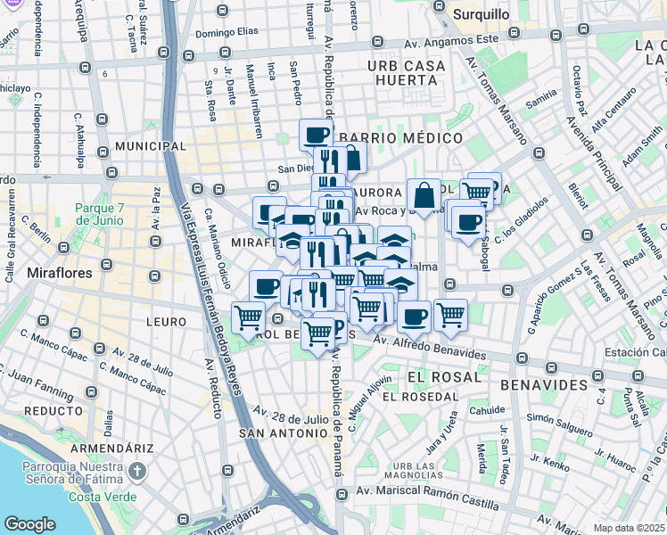 map of restaurants, bars, coffee shops, grocery stores, and more near 6000 Avenida República de Panamá in Lima