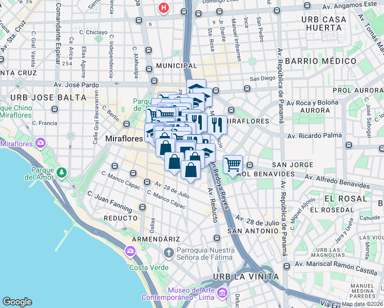 map of restaurants, bars, coffee shops, grocery stores, and more near 701 Avenida Alfredo Benavides in Miraflores