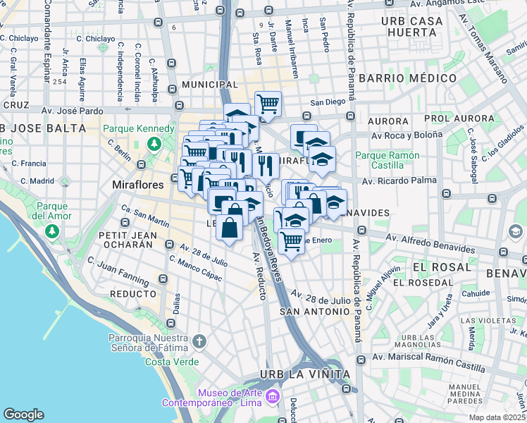 map of restaurants, bars, coffee shops, grocery stores, and more near 5895 Avenida Paseo de la República in Miraflores