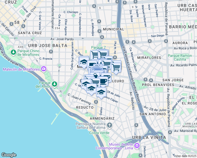 map of restaurants, bars, coffee shops, grocery stores, and more near Avenida José Larco in Miraflores