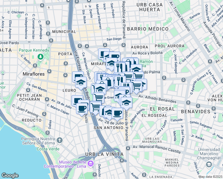 map of restaurants, bars, coffee shops, grocery stores, and more near AV Alfredo Benavides in Lima