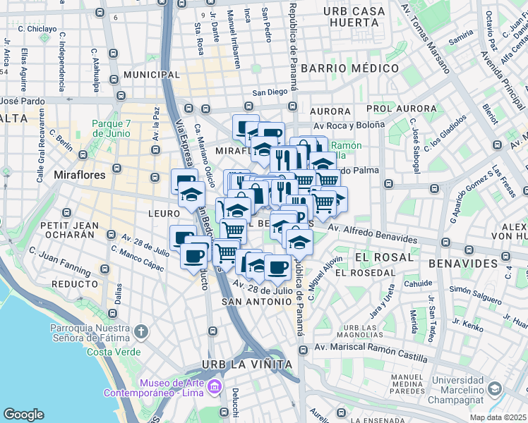 map of restaurants, bars, coffee shops, grocery stores, and more near AV Alfredo Benavides in Lima