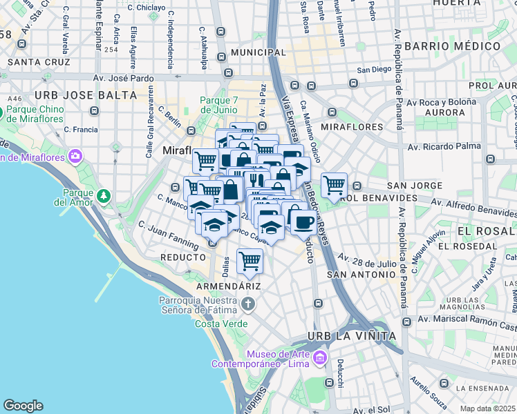map of restaurants, bars, coffee shops, grocery stores, and more near Avenida la Paz in Miraflores