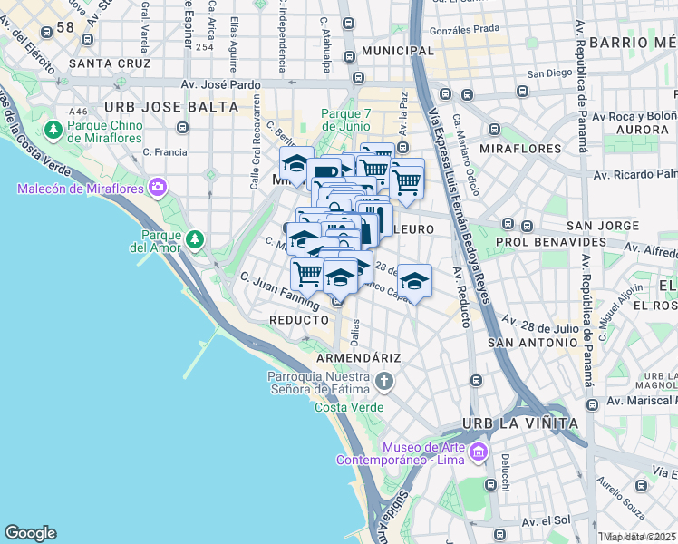 map of restaurants, bars, coffee shops, grocery stores, and more near 1010 Avenida José Larco in Lima