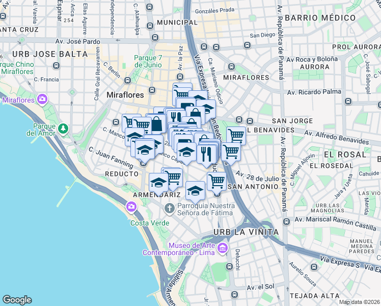 map of restaurants, bars, coffee shops, grocery stores, and more near 1003 Avenida 28 de Julio in Miraflores