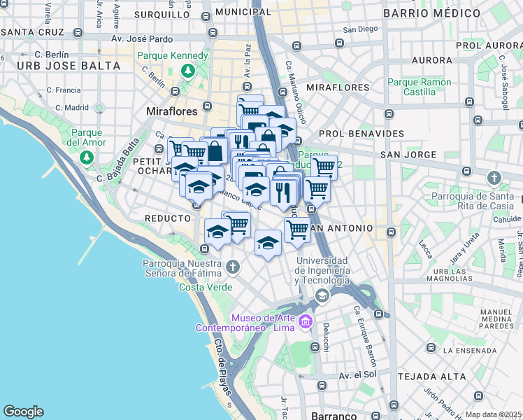 map of restaurants, bars, coffee shops, grocery stores, and more near 701 Calle Grimaldo del Solar in Miraflores