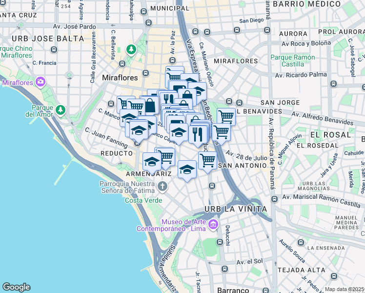 map of restaurants, bars, coffee shops, grocery stores, and more near 701 Calle Grimaldo del Solar in Miraflores