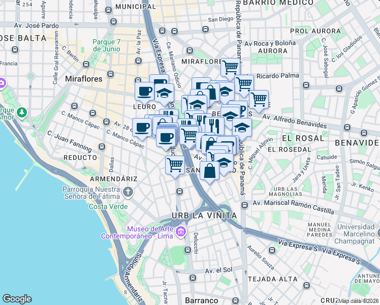 map of restaurants, bars, coffee shops, grocery stores, and more near 1003 Avenida 28 de Julio in Miraflores