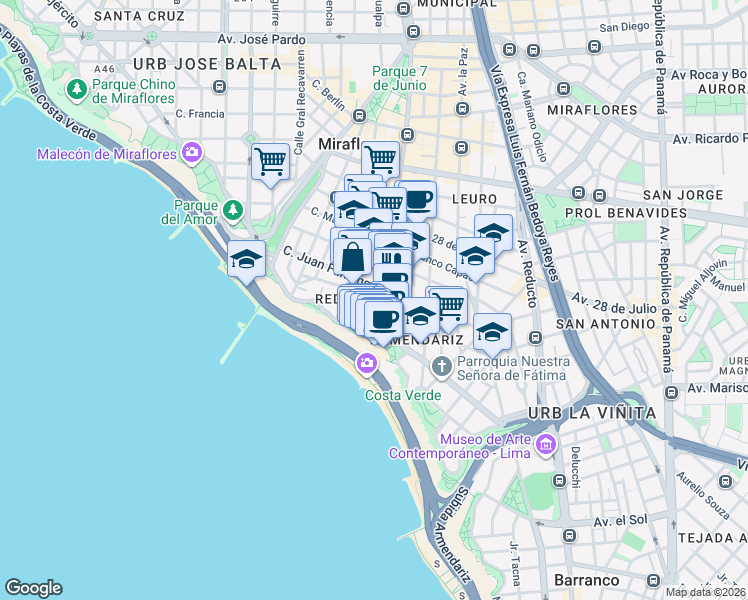 map of restaurants, bars, coffee shops, grocery stores, and more near 656 Calle Diego Ferré in Miraflores