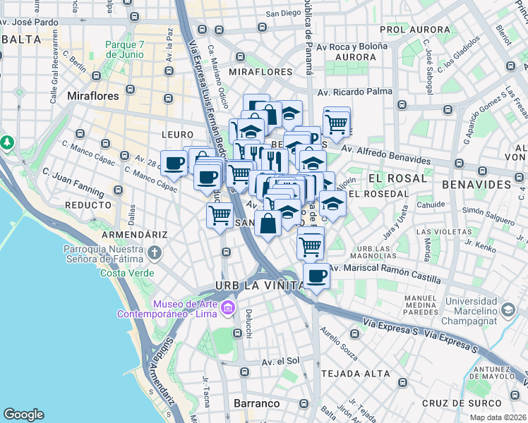 map of restaurants, bars, coffee shops, grocery stores, and more near 1172 Avenida 28 de Julio in Miraflores