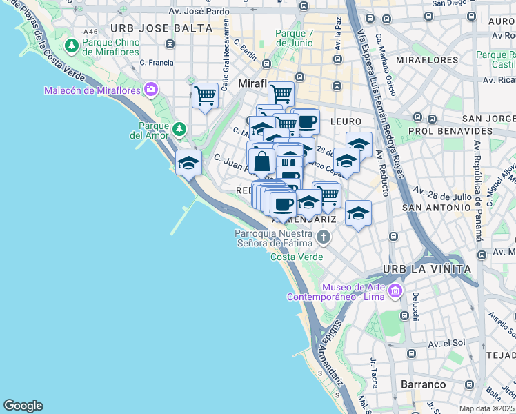 map of restaurants, bars, coffee shops, grocery stores, and more near Malecón de la Reserva in Miraflores