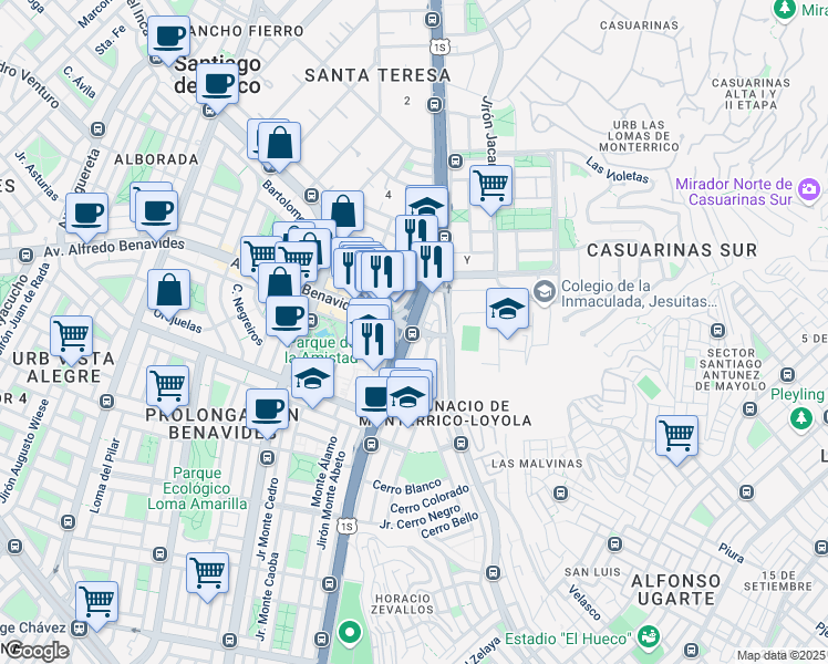 map of restaurants, bars, coffee shops, grocery stores, and more near 19 Avenida Alfredo Benavides in Santiago de Surco