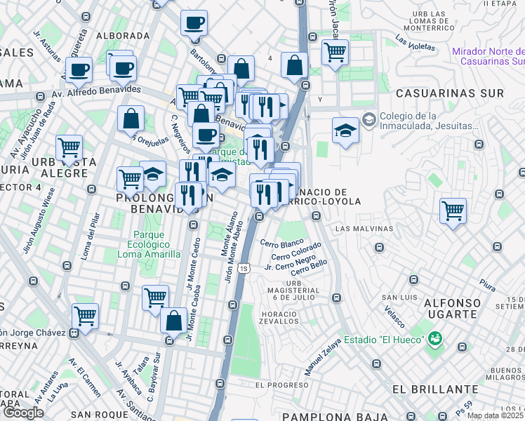 map of restaurants, bars, coffee shops, grocery stores, and more near 134 Avenida Circunvalación in Santiago de Surco