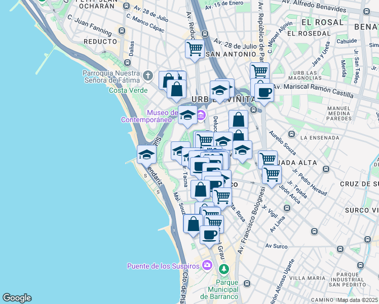 map of restaurants, bars, coffee shops, grocery stores, and more near Avenida el Sol Oeste in Barranco